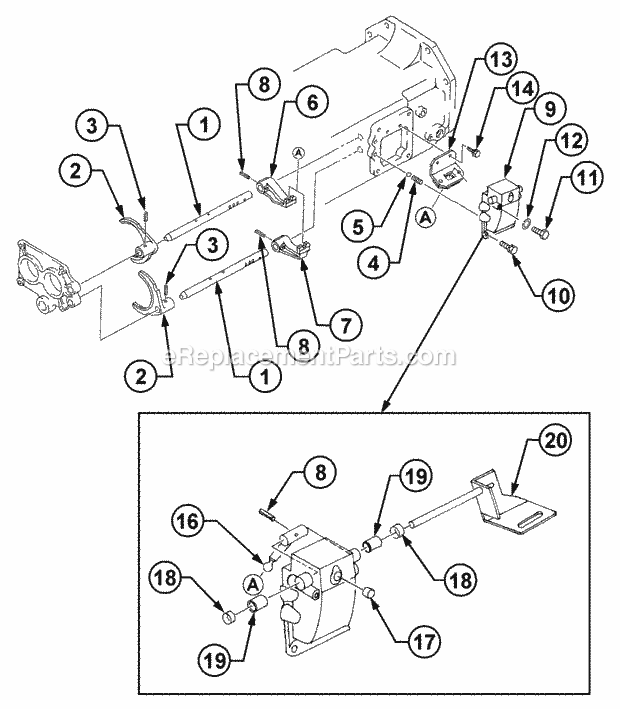 T/M Control - Main Rail & Fork Diagram and Parts List for 54A-458D100, 590-603-100 Cub Cadet Lawn Tractor